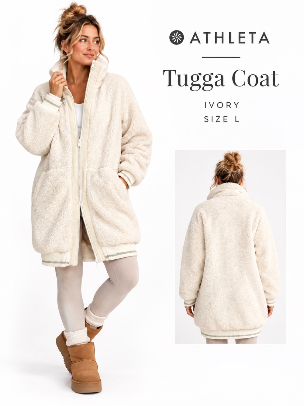 Athleta Tugga Coat Large Ivory Sherpa Longline Fleece Cozy Athleisure Jacket